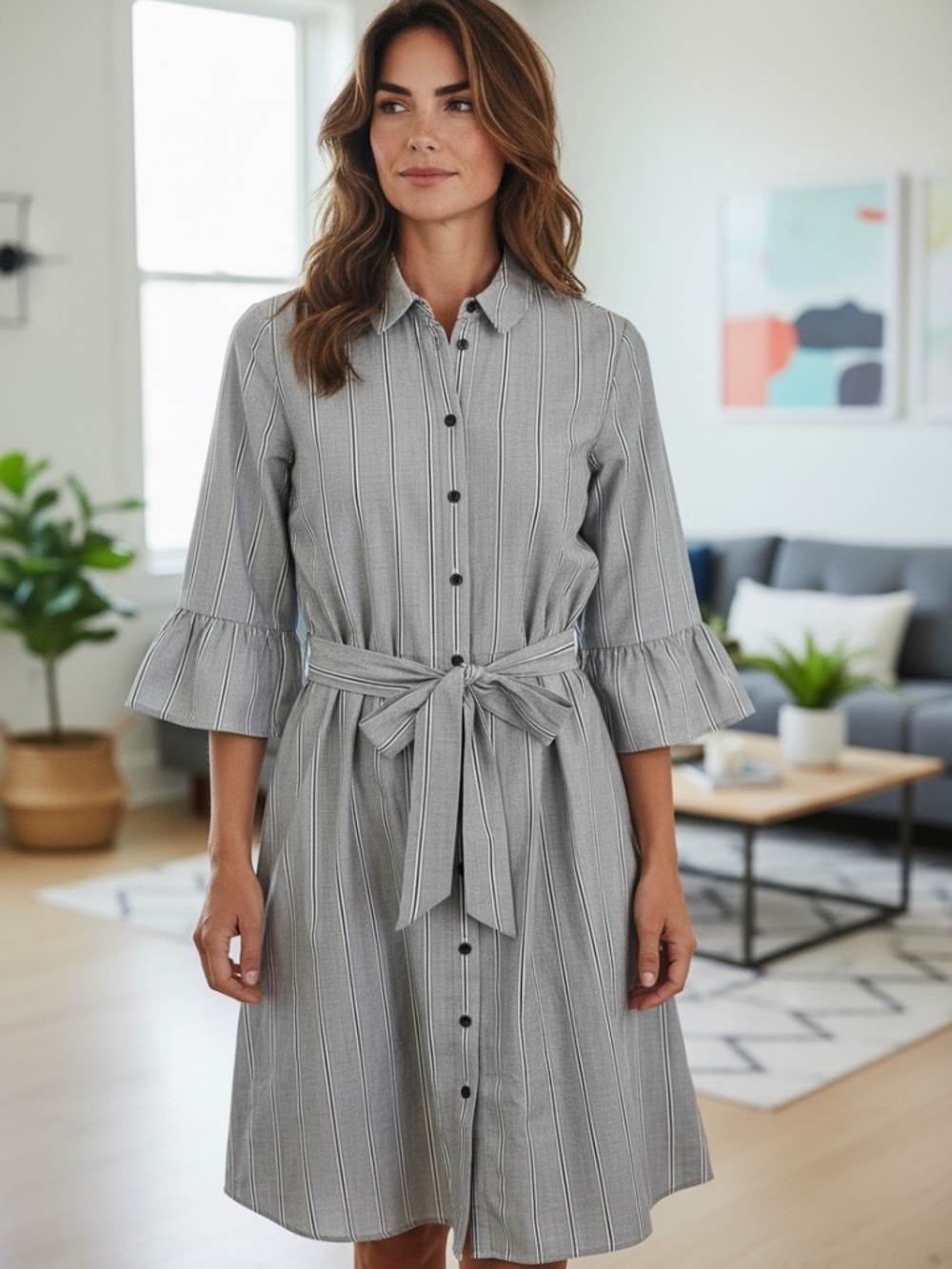 James Draper Stripped Ruffle Sleeve Cotton Shirt Dress Size 8